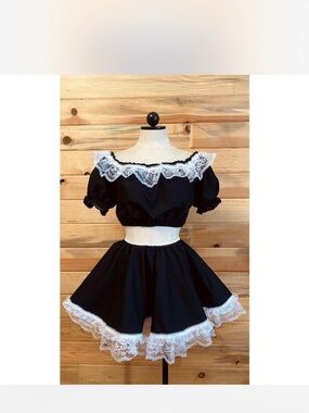 Handmade Black Lace Trim Two-Piece Crop Top & Skirt Set